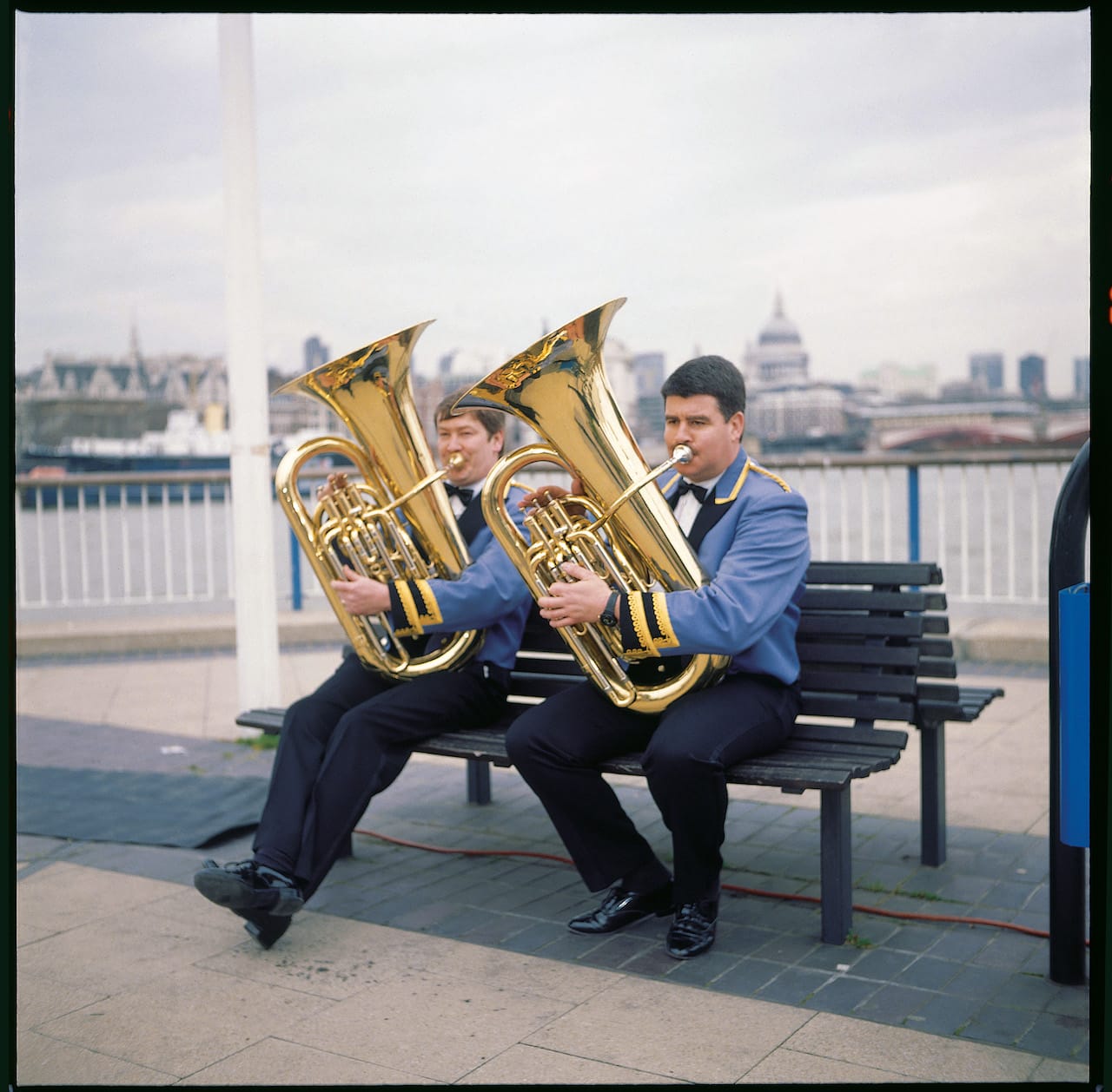 Jeremy Deller, "Acid Brass" (1997). Band members warming up on the Southbank, London, before appearing on 'The Richard and Judy Show.' (photo by Jeremy Deller)