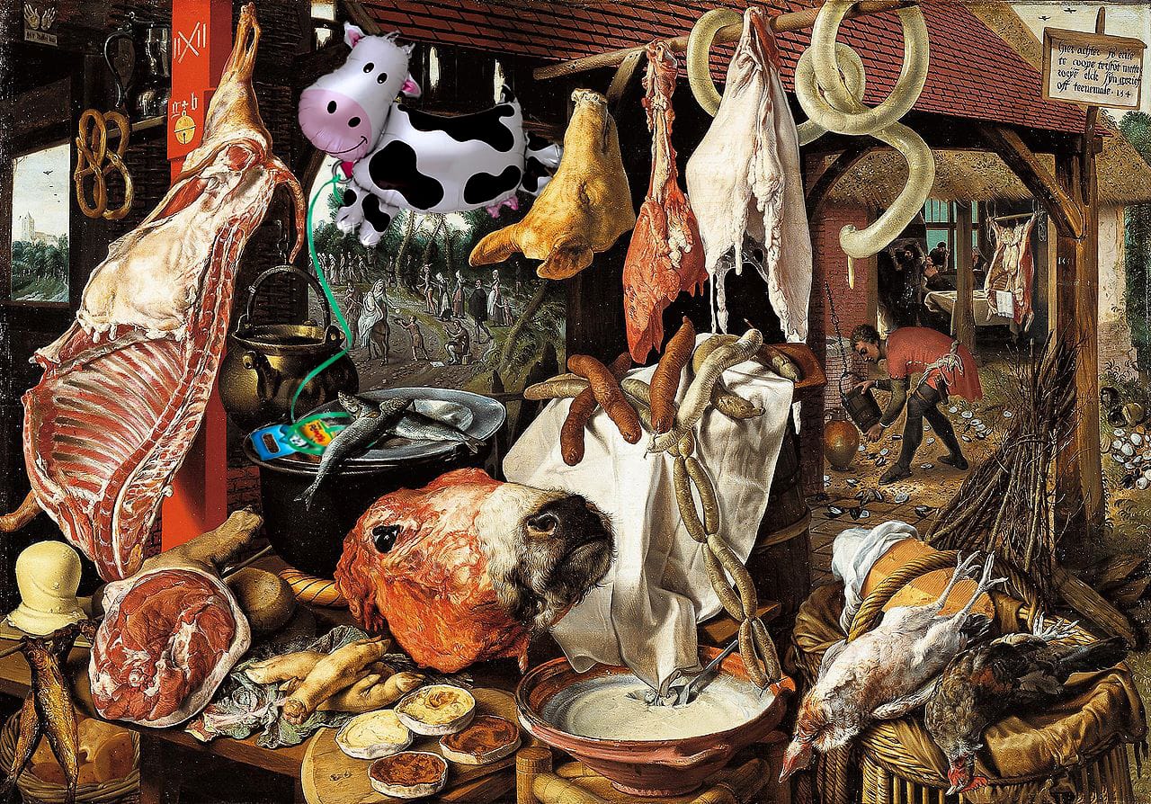 "Butcher's Stall with Mylar Cow Balloon and the Flight into Egypt" (after Pieter Aertsen)
