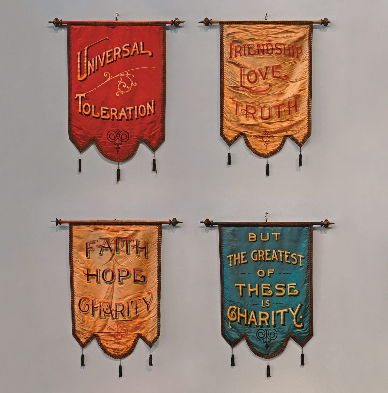 Odd Fellows banners (1890s), unknown maker, oil paint on silk, with brass trim and tassels, 28 × 20 in. (courtesy Webb Collection)