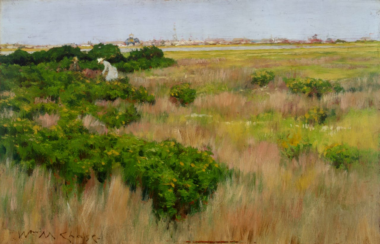 William Merritt Chase, "Landscape, near Coney Island" (1886), oil on panel, 8 1/8 x 12 5/8 in. (The Hyde Collection, Glens Falls, New York; Gift of Mary H. Beeman to the Pruyn Family Collection)