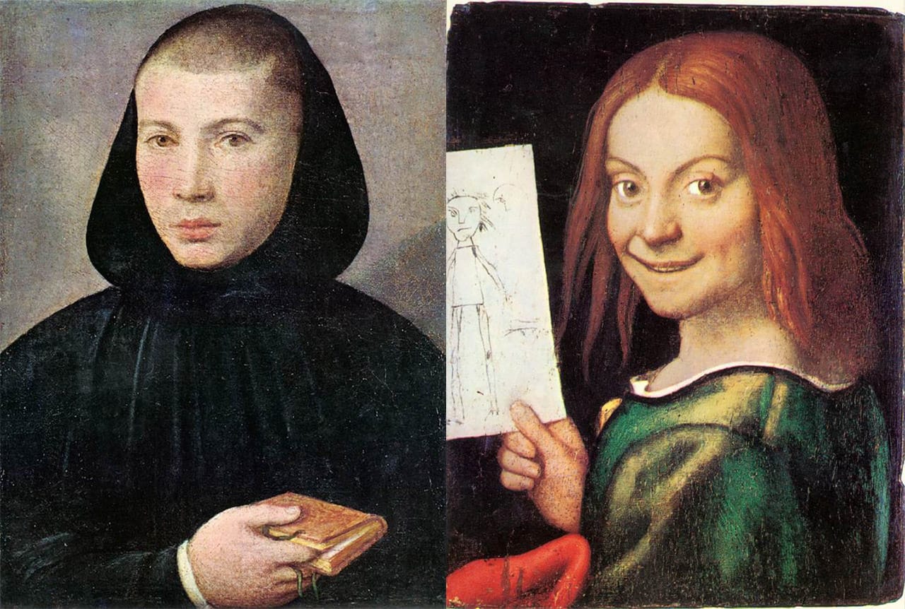 Giovanni Francesco Caroto's paintings "Portrait of a Young Benedictine" and "Portrait of a Child with a Drawing" (both ca. first half of the 16th century), both stolen from the Museo di Castelvecchio on Thursday. (via Wikimedia Commons and Wikimedia Commons)