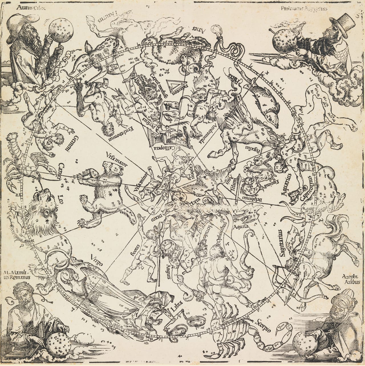 Northern hemisphere star map by Albrecht Dürer (courtesy Art Collections of the City of Nuremberg) (click to enlarge)