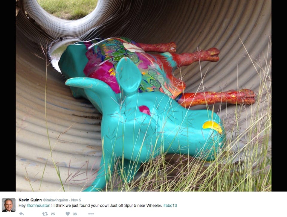 Photo of the stolen cow art posted to Twitter by ABC13 reporter Kevin Quinn (screenshot by the author)