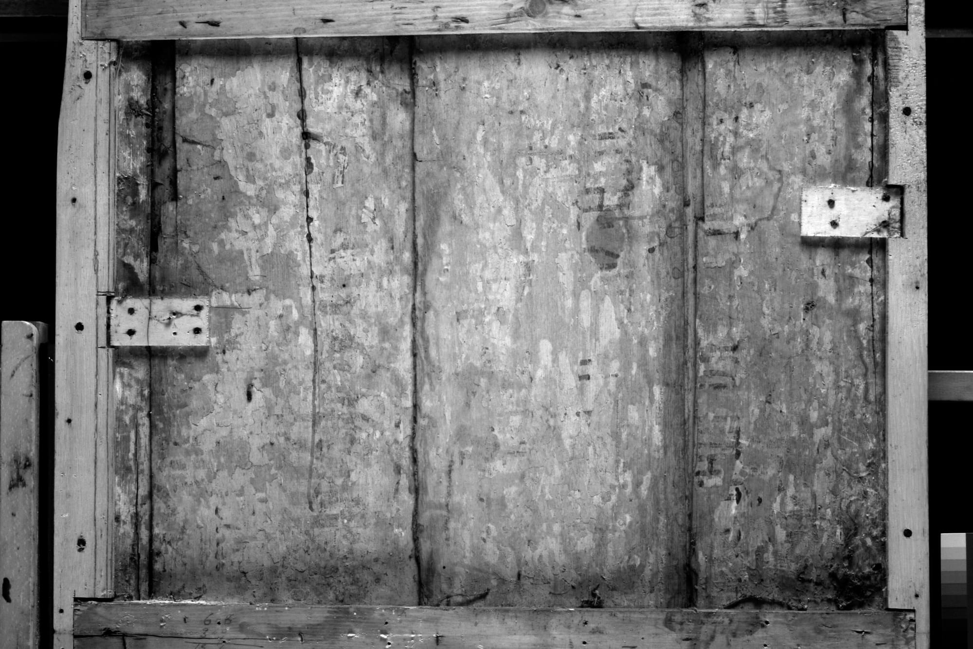 Infrared detail of the back of The Kiss of Judas, revealing traces of faint lettering. Photo Lucy Wrapson © Hamilton Kerr Institute & Fitzwilliam Museum, Cambridge