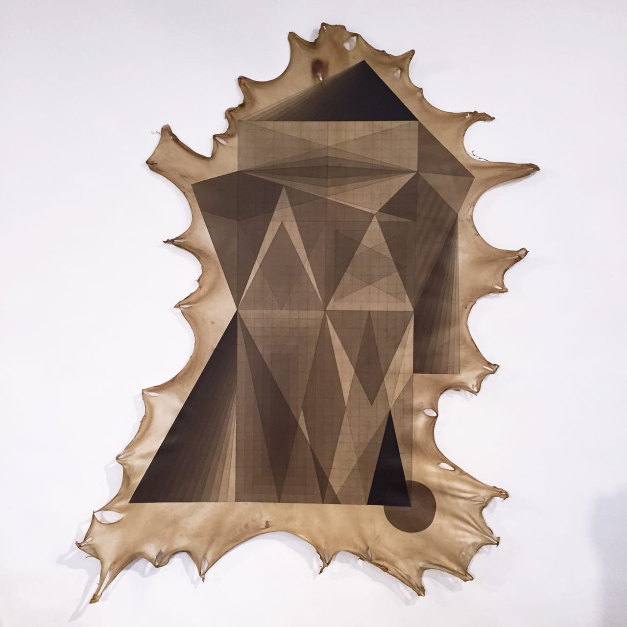 Jeffrey Gibson, "Document, 2015" (2015), acrylic and graphite on deer rawhide, steel, 64 x 52 inches