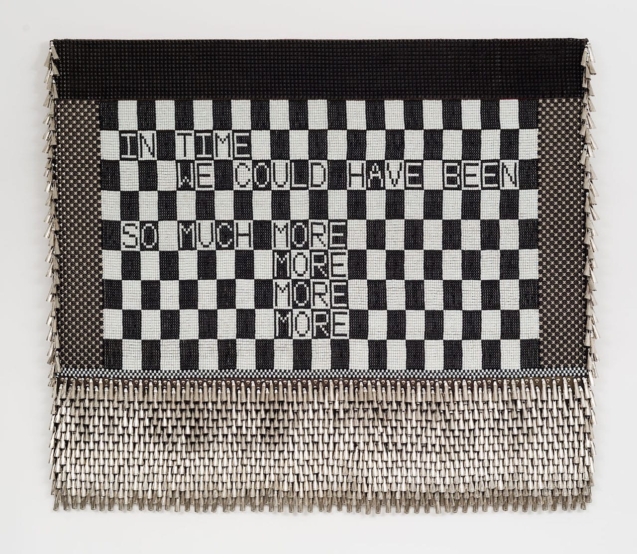 Jeffrey Gibson, "IN TIME WE COULD HAVE BEEN SO MUCH MORE" (2015), glass beads, wool, steel studs, artificial sinew, metal jingles, canvas, wood, 61 x 72 x 4 inches