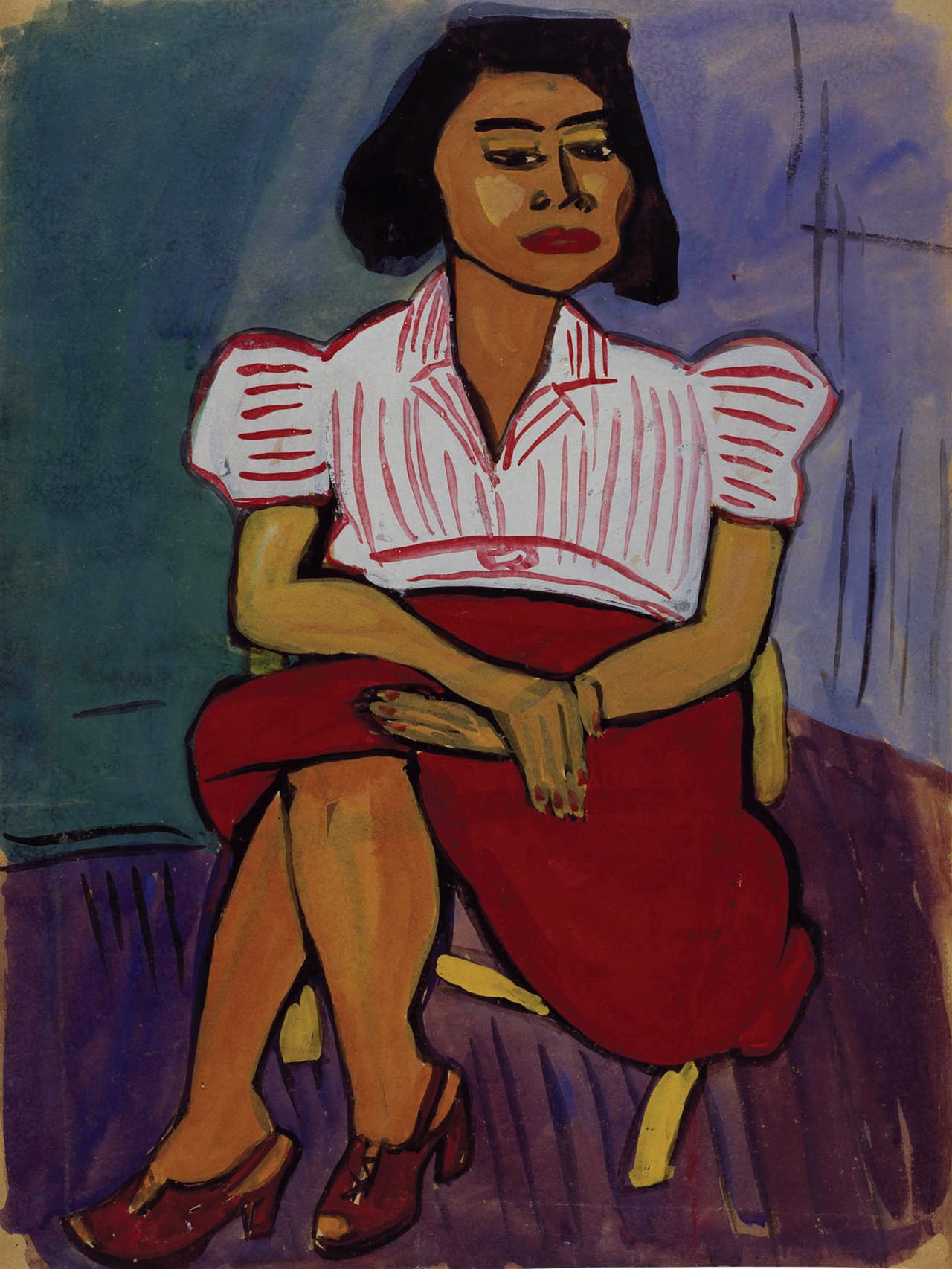William Henry Johnson, "Untitled (Seated Woman)" (1939), tempera and gouache on paper, 24 x 18 in, Collection of Camille O. and William H. Cosby Jr (photo by Becket Logan)