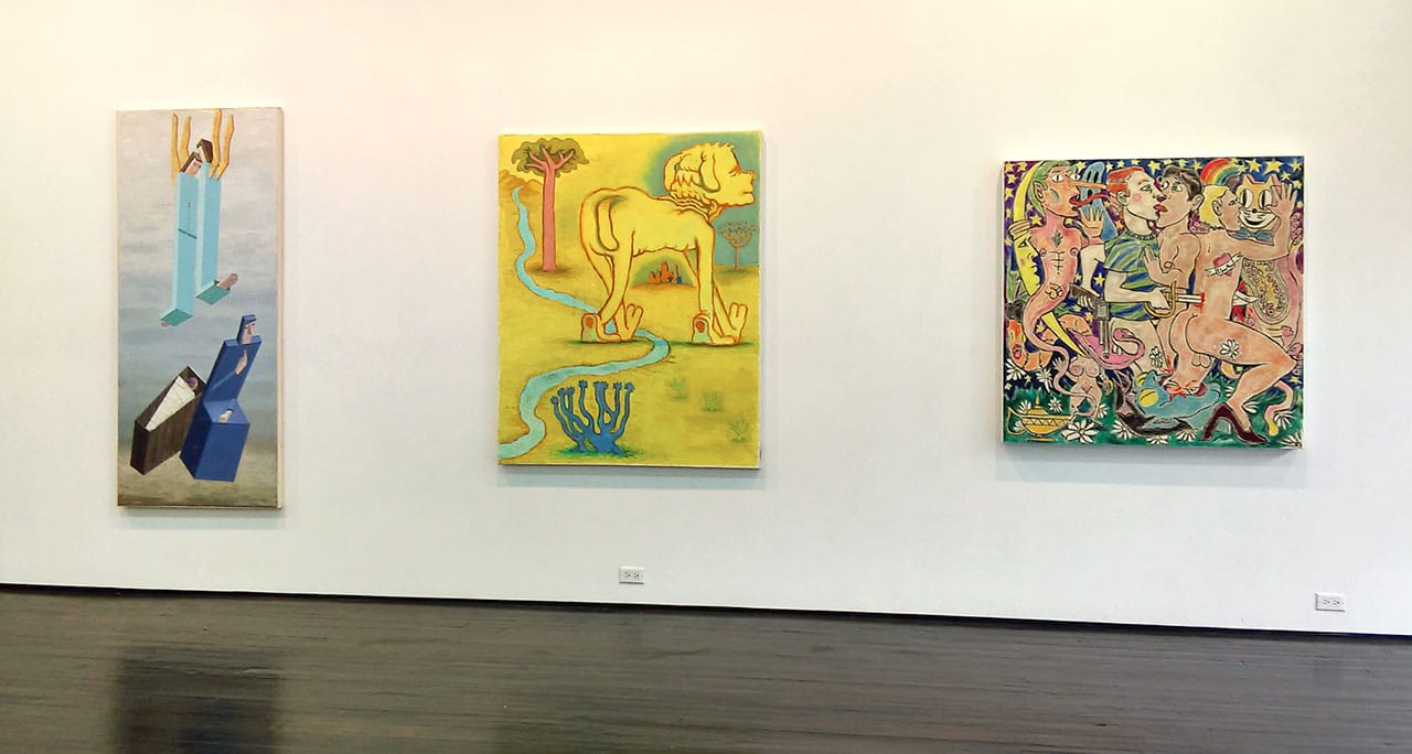Left to right: Mernet Larsen, "Nativity" (2005), acrylic and mixed media on canvas, 74 x 31 1/2 in; Clayton Schiff, "Untitled" (2015), oil on canvas, 60 x 48 in; Peter Eide, "Untitled (Blanket of Stars)" (2015), oil on bath towel mounted on panel, 48 x 48 x x 3 in