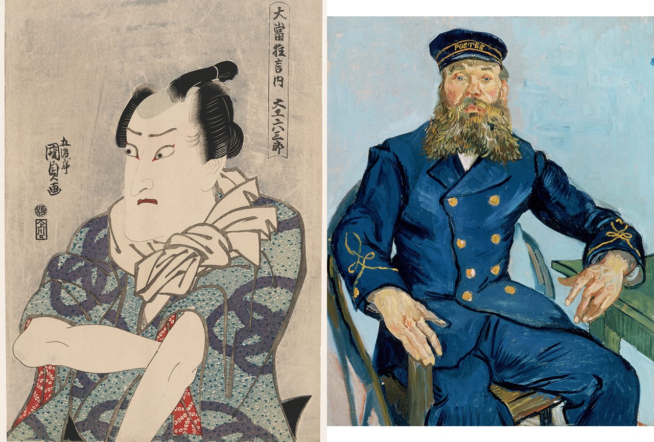 Left: detail of Utagawa Kunisada I (Toyokuni III), [Actor Onoe Matsusuke II as] "the Carpenter Rokusaburo" (c. 1814–15, from the series 'Great Hit Plays,' woodblock print, ink and color on paper, Museum of Fine Arts, Boston, William Sturgis Bigelow Collection; right: Vincent van Gogh, "Postman Joseph Roulin" (888), oil on canvas, Muse- um of Fine Arts, Boston, gift of Robert Treat Paine, 2nd (both photos © 2015, MFA, Boston) (click to enlarge)