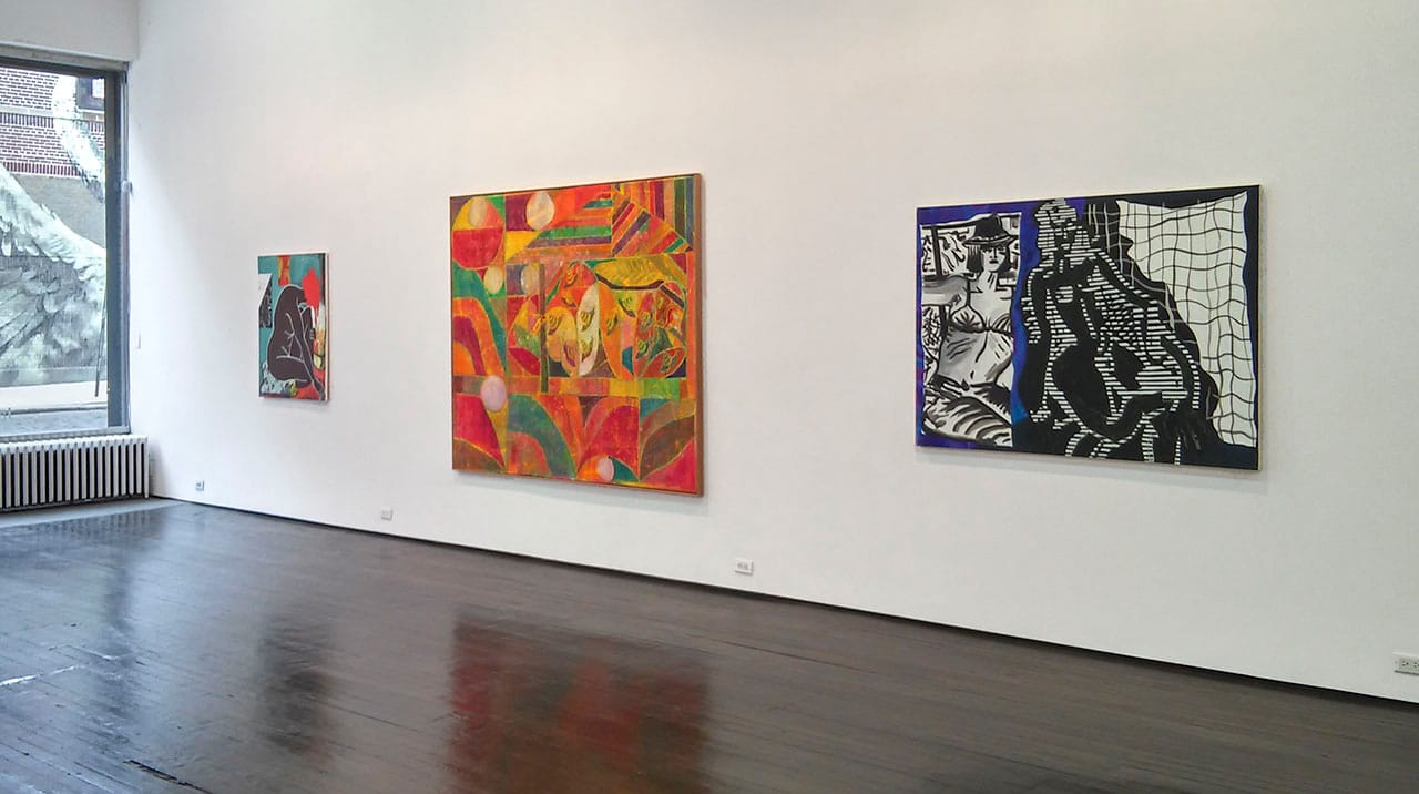 Chris Lux, "Pan Jinlian (in her quarters)" (2015), oil on panel, 40 3/4 x 32 1/8 in; Alexander Tovborg, "The Ecstasy of St. Francis" (2015), acrylic and fabric collage on canvas, 68 x 80 1/2 in; Mira Dancy, "Motel Lazarus" (2015), acrylic on canvas, 44 x 60 in (click to enlarge)