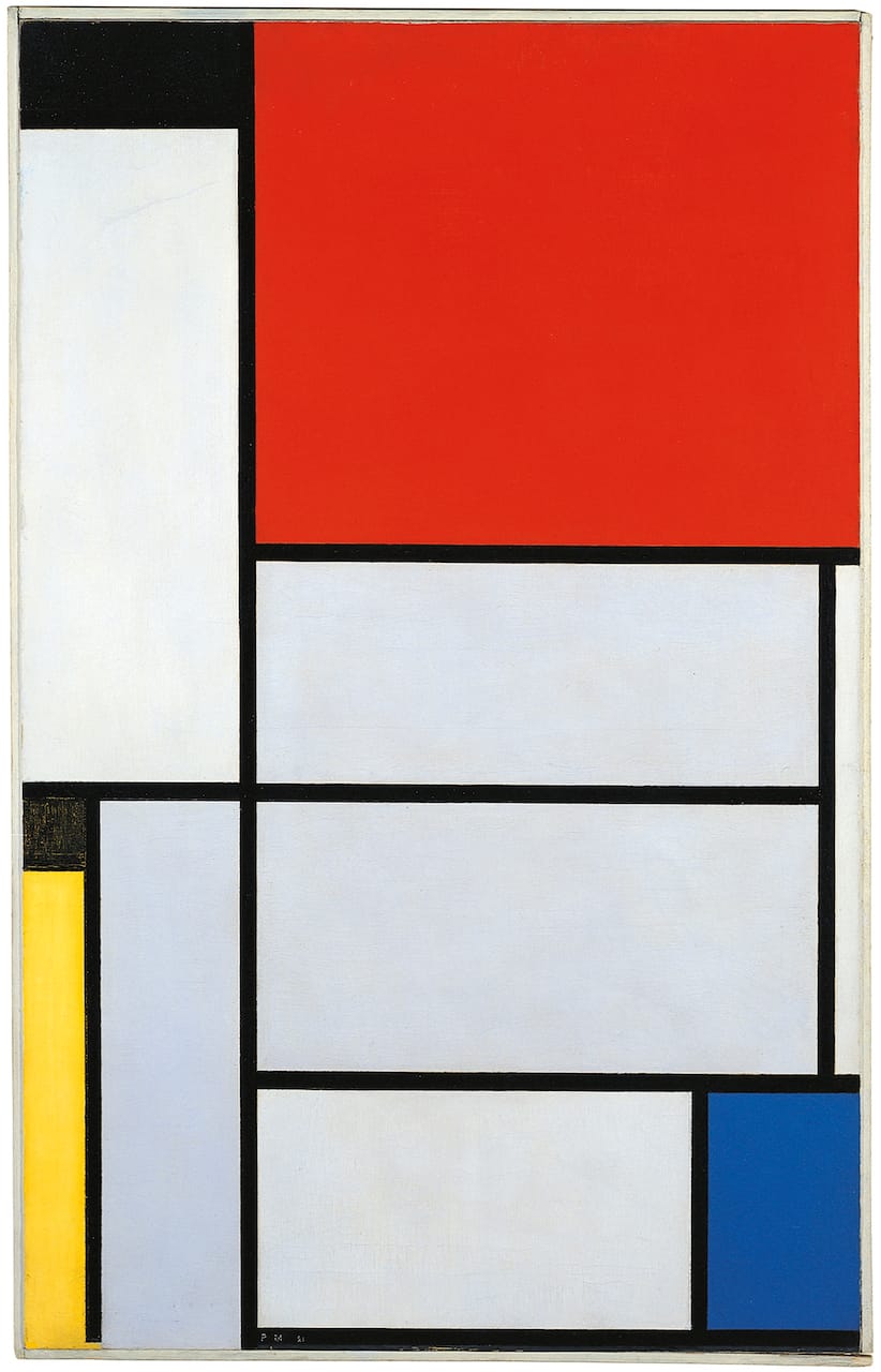 Piet Mondrian, "Composition with Large Blue Plane, Red, Black, Yellow, and Gray" (1921), oil on canvas, 60.5 x 50cm (© Mondrian/Holtzman Trust)