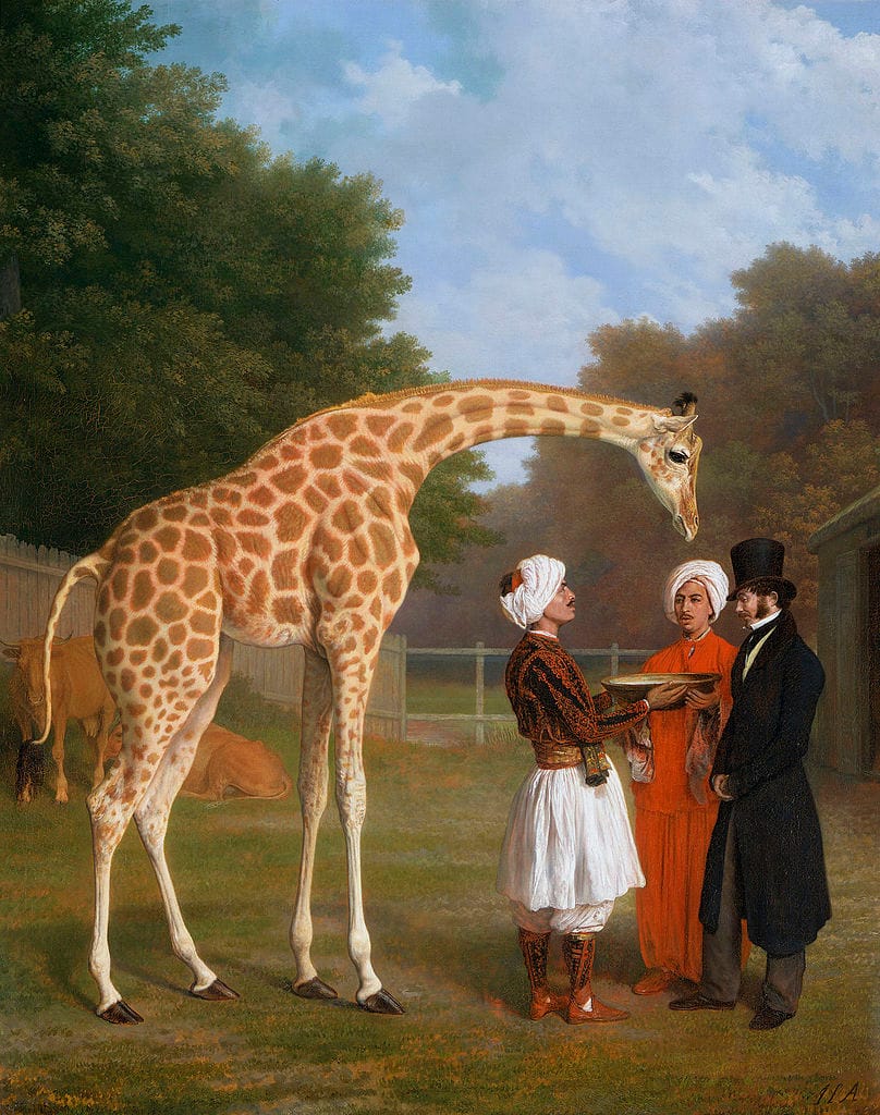 Jacques-Laurent Agasse, "The Nubian Giraffe" (1827) (via Royal Collection), a painting of the first giraffe to arrive in Great Britain