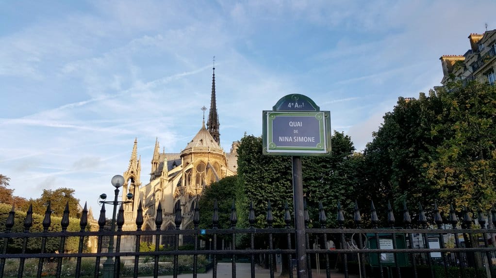 An intervention this August to temporarily rename the quai outside Notre Dame in Paris after Nina Simone (courtesy Osez Le Feminisme/Femicite)