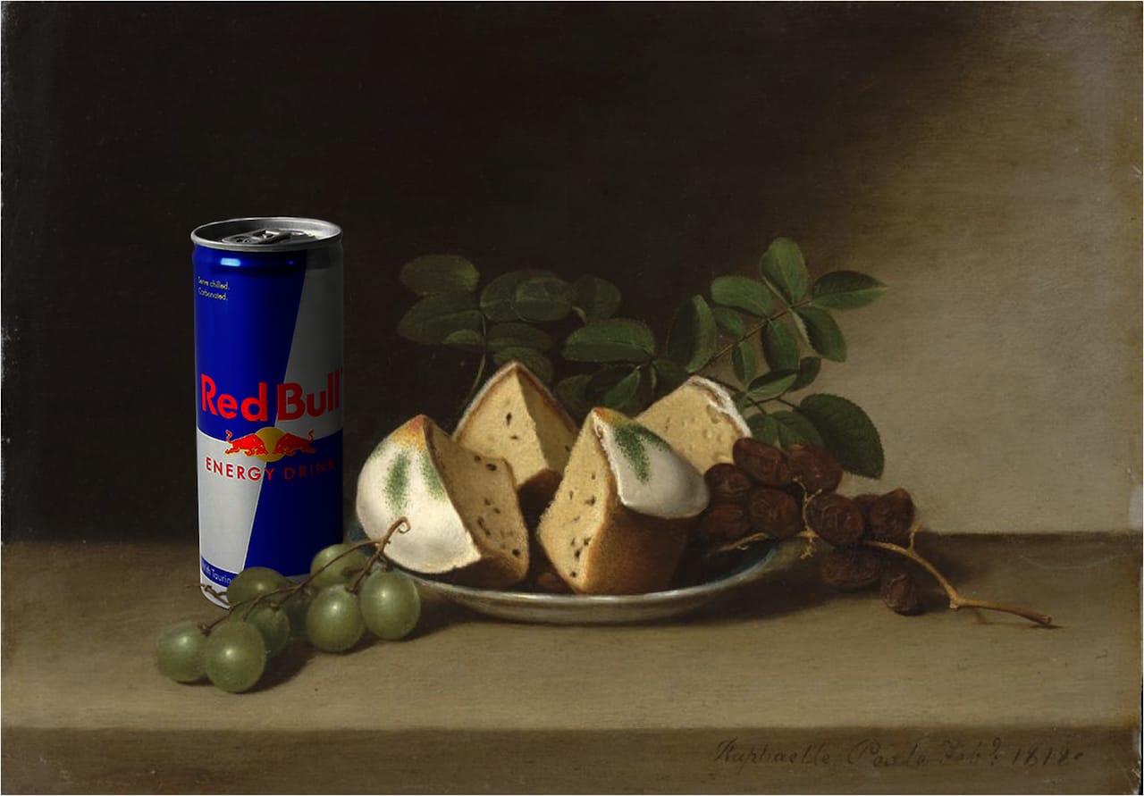 "Still Life with Cake and Red Bull" (after Raphaelle Peale)