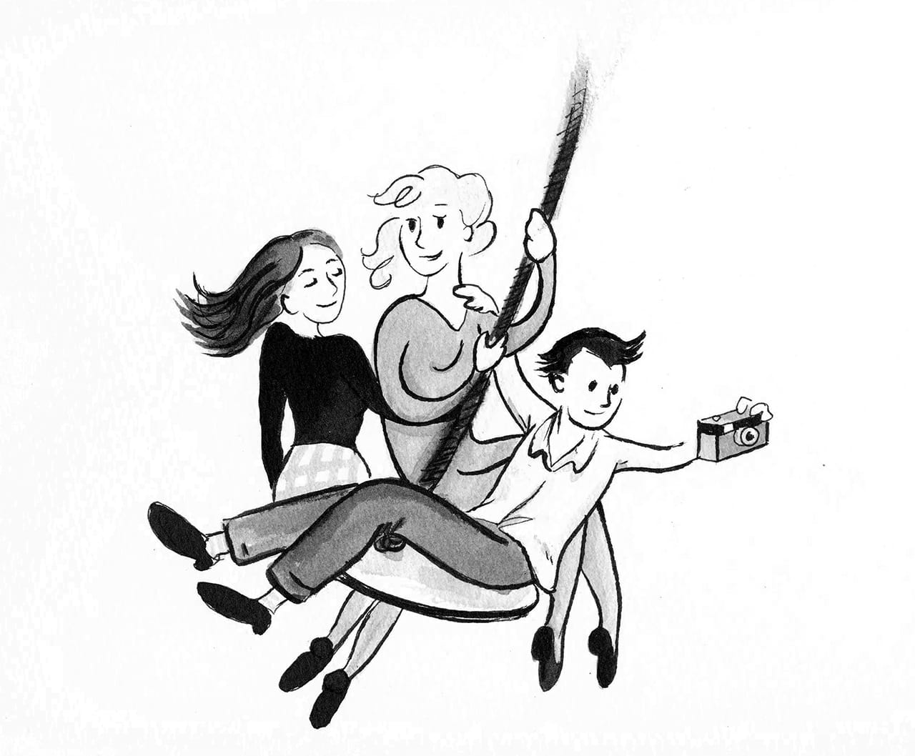 The authors along for the ride. Charon sometimes uses a swing in lieu of a boat.