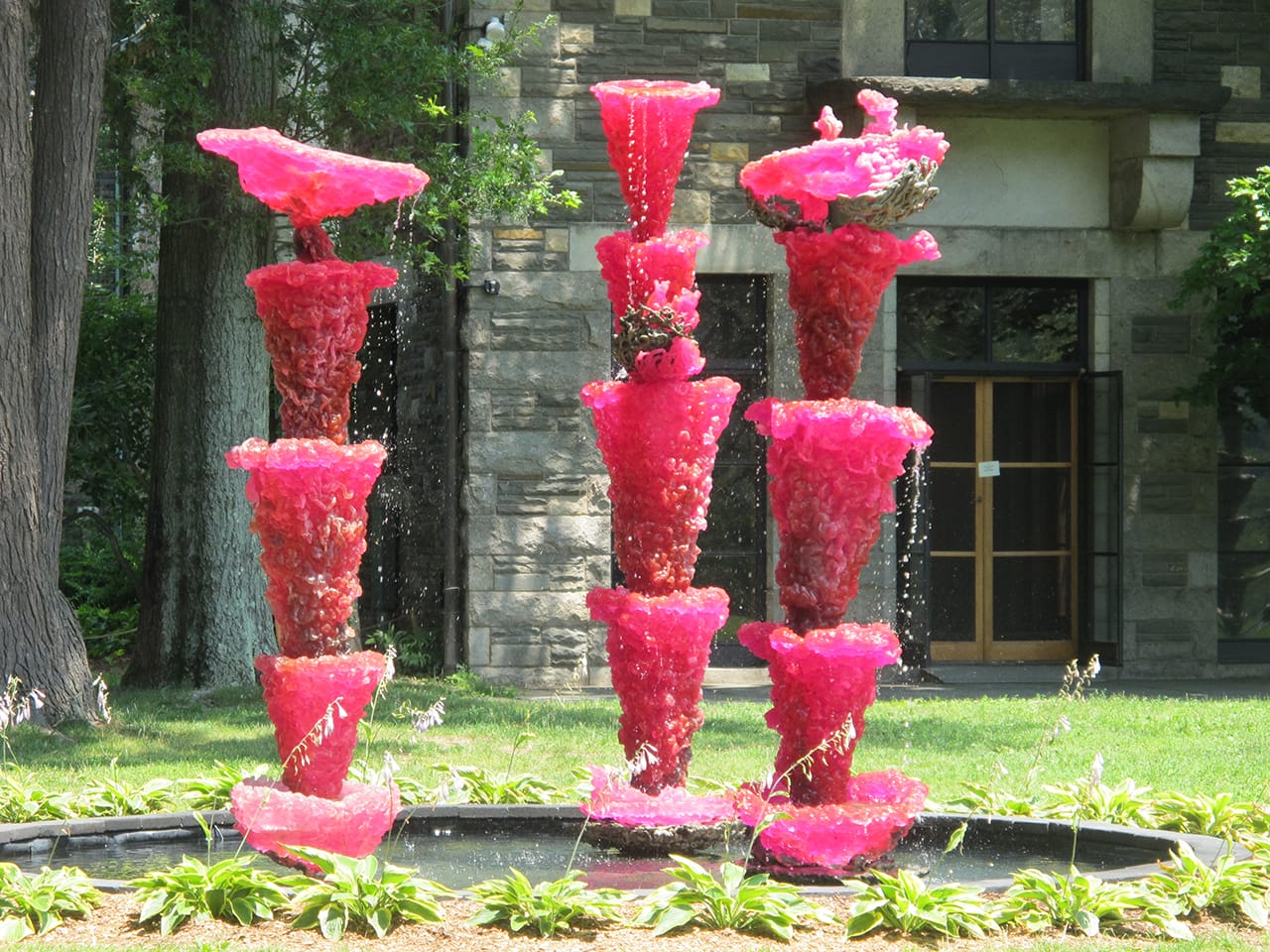 Lynda Benglis, "Pink Ladies" (2014), cast pigmented polyurethane and bronze, 8' 7" x 26" x 26" and 9' 5" x 21 1/2" x 23" (courtesy the artist and Cheim & Read, New York) and "Pink Lady (For Asha)" (2013), cast pigmented polyurethane, 7' 11" x 30" x 27" (courtesy the artist; Cheim & Read, New York; and Locks Gallery, Philadelphia) 