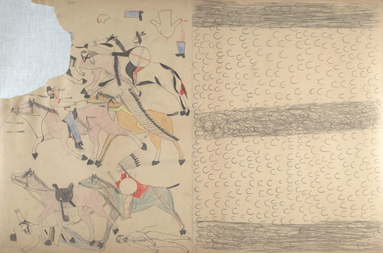 Red Horse, "Untitled from the Red Horse Pictographic Account of the Battle of the Little Bighorn" (1881), graphite, colored pencil, and ink (NAA MS 2367A, 08569100, National Anthropological Archives, Smithsonian Institution)