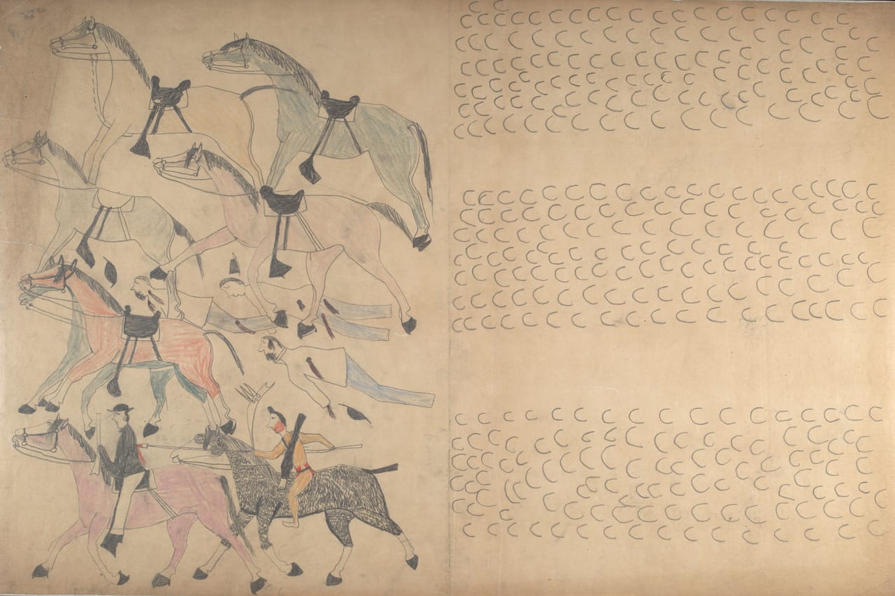 Red Horse, "Untitled from the Red Horse Pictographic Account of the Battle of the Little Bighorn" (1881), graphite, colored pencil, and ink