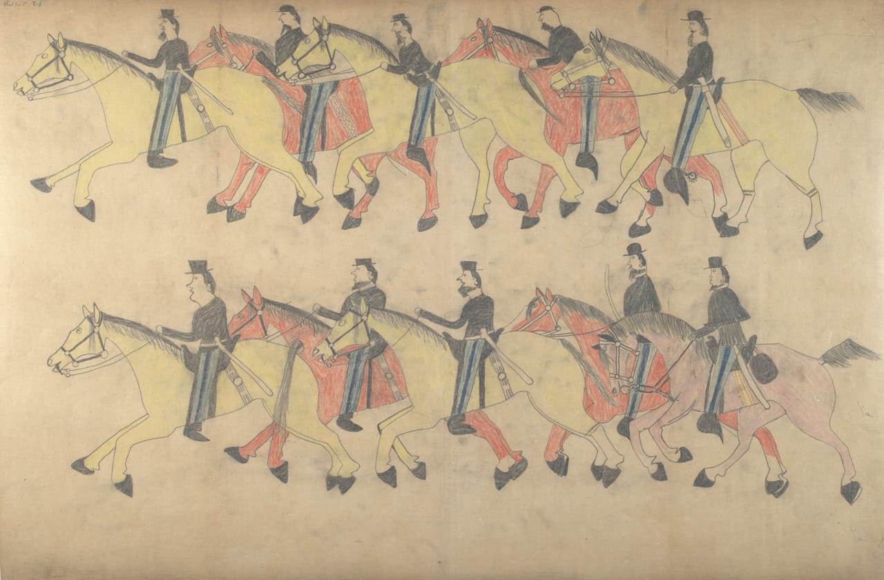 Red Horse, "Untitled from the Red Horse Pictographic Account of the Battle of the Little Bighorn" (1881), graphite, colored pencil, and ink (NAA MS 2367A, 08568300, National Anthropological Archives, Smithsonian Institution)
