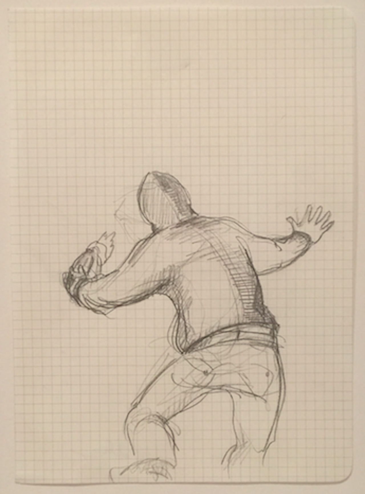 Small pencil drawing on grid paper, showing a figure about to thrown something (click to enlarge)