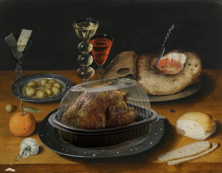 "Still Life of a Rotisserie Chicken, a Ham and Olives on Pewter Plates with a Bread Roll, an Orange, Wineglasses and a Rose on a Wooden Table" (after Oslas Beer)