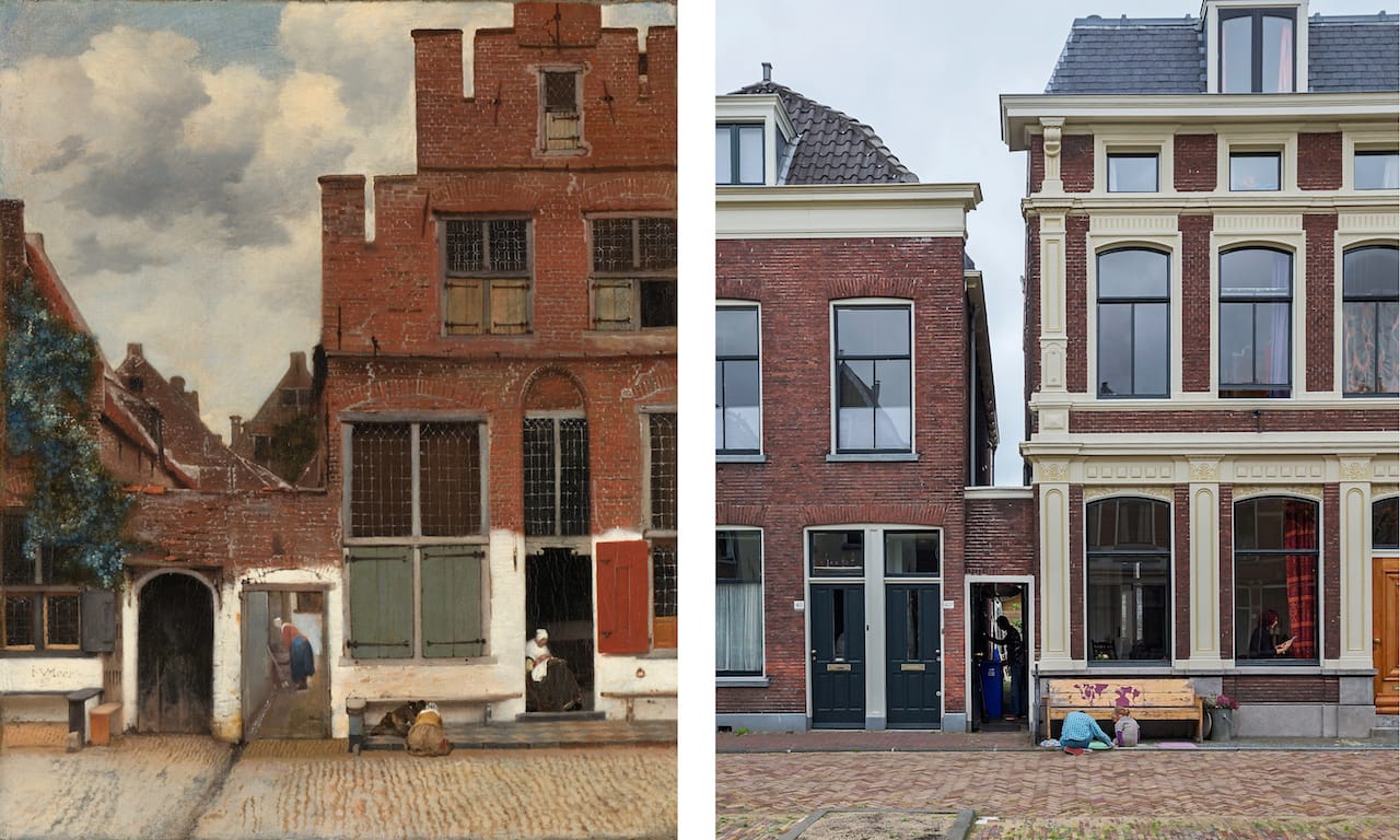 Left: Johannes Vermeer, "The Little Street" (c. 1658); right: The Little Street with current residents (photo by Olivier Middendorp, courtesy Rijksmuseum)