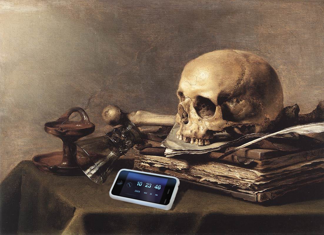 "Vanitas Still Life With Skull and iPhone Clock" (after Pieter Claesz)