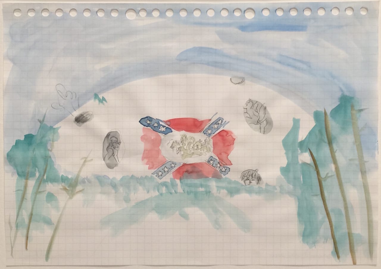 Kara Walker, Watercolor drawing of Stone Mountain from 'Negress Notes' series (2015) (all photos by the author for Hyperallergic unless noted)