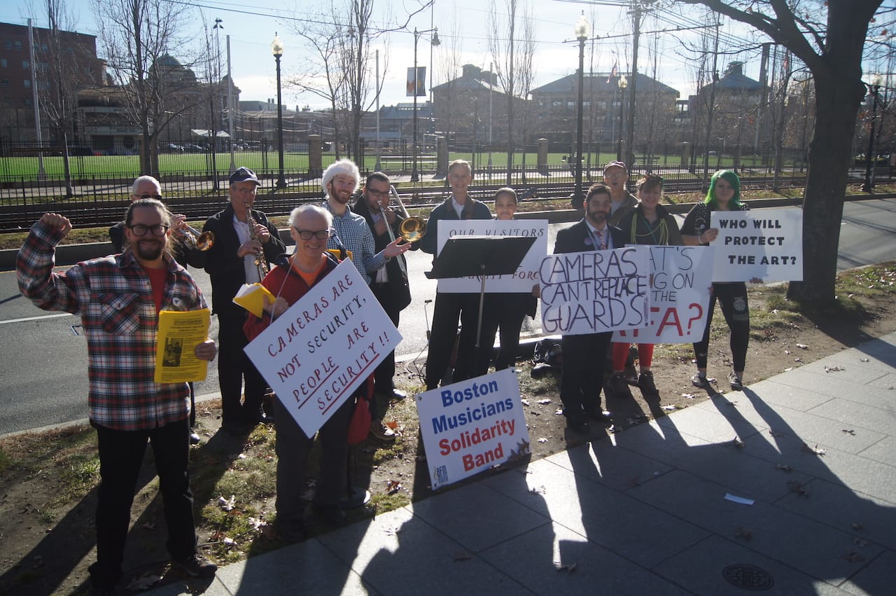 Members of MISU, along with Industrial Workers of the World members and the Solidarity Band, have protested outside the MFA for the past three weekends. (all photos by the author for Hyperallergic)