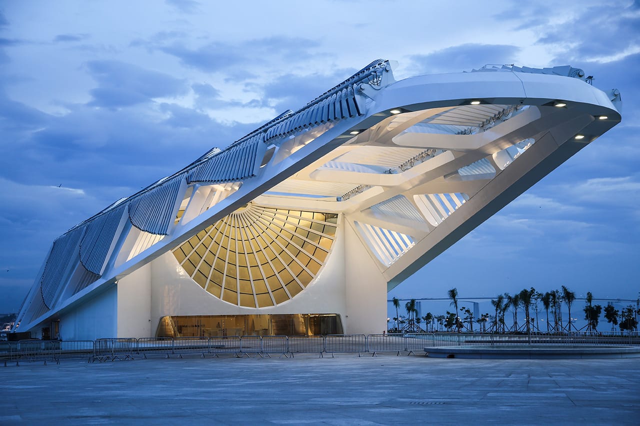 Santiago Calatrava's new Museu do Amanhã (The Museum of Tomorrow) in the Puerto Maravilha neighborhood of Rio de Janeiro. The cantilevering roof has large mobile wings and the facade structure can expand. (photo courtesy Santiago Calatrava)
