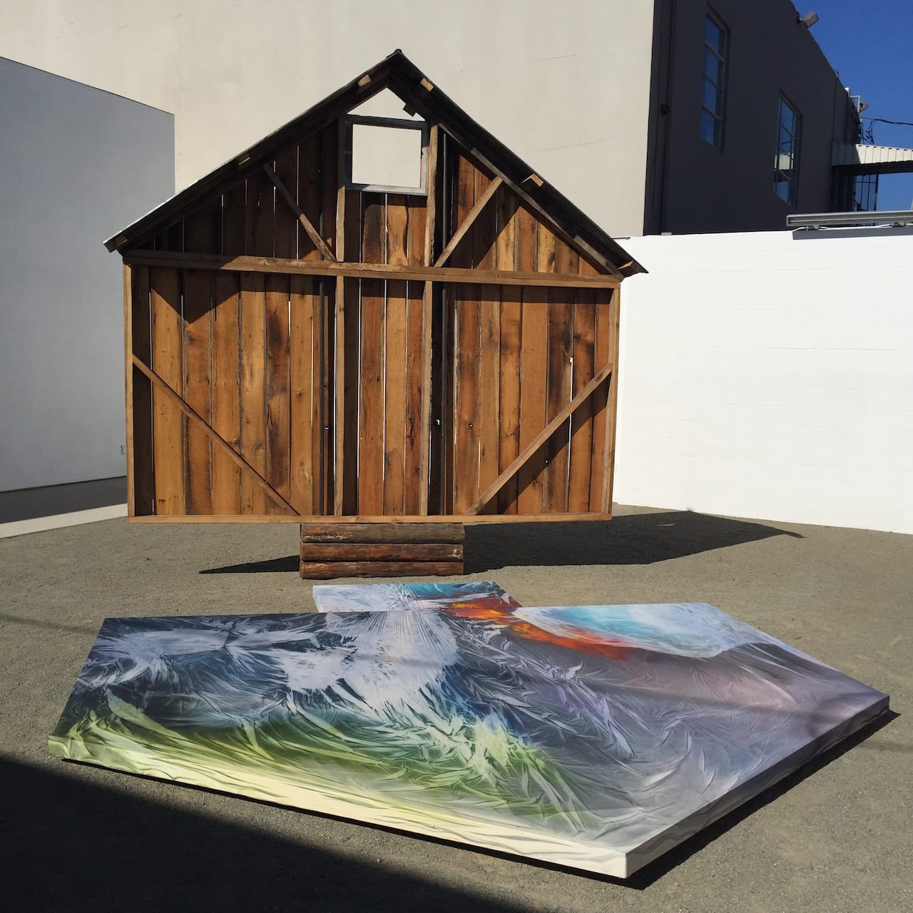 April Street, "Portrait of a Barn: 1840–2015" (2015), reclaimed wood, tin, steel, bronze, acrylic, hosiery, and canvas