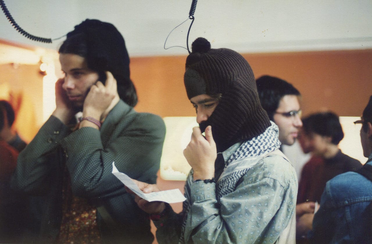 Gustavo Artigas, "Discurso" (1994), audio installation with corn masa, altered audio cassette, paper, ski masks and headphones, dimensions variable. (image courtesy the artist and Itala Schmelz. Photo: Mariana Rodríguez)