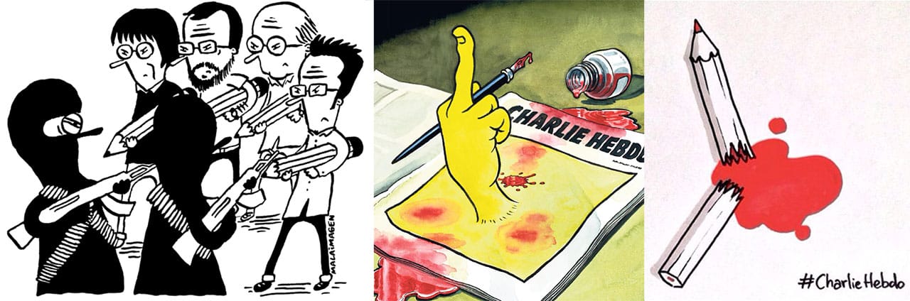 Some of the images created by cartoonists after the Charlie Hebdo massacre (via)