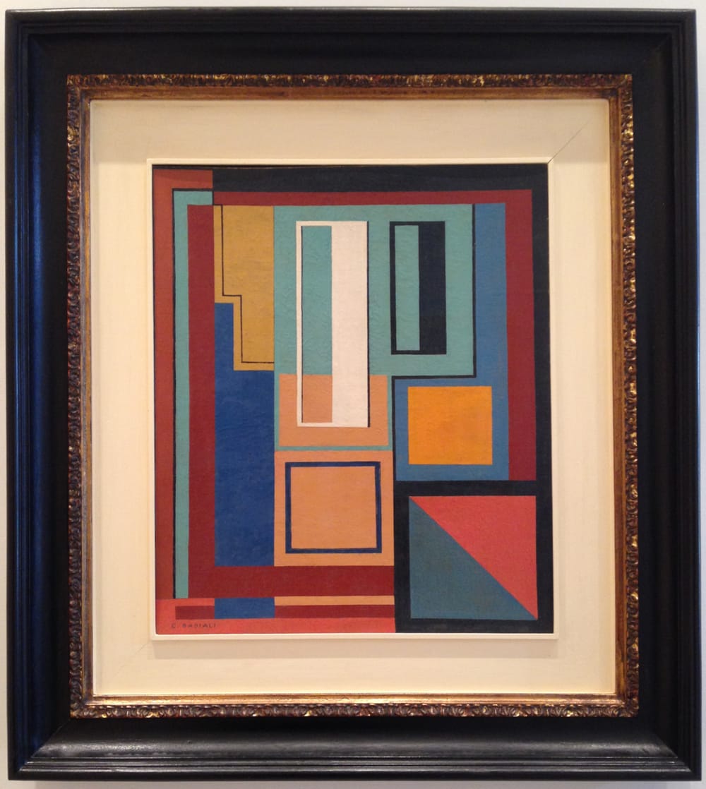 Carla Badiali, "Composizione (Composition)" (1937/1942), oil on canvas, 23 x 19 inches. (all photos by the author for Hyperallergic)