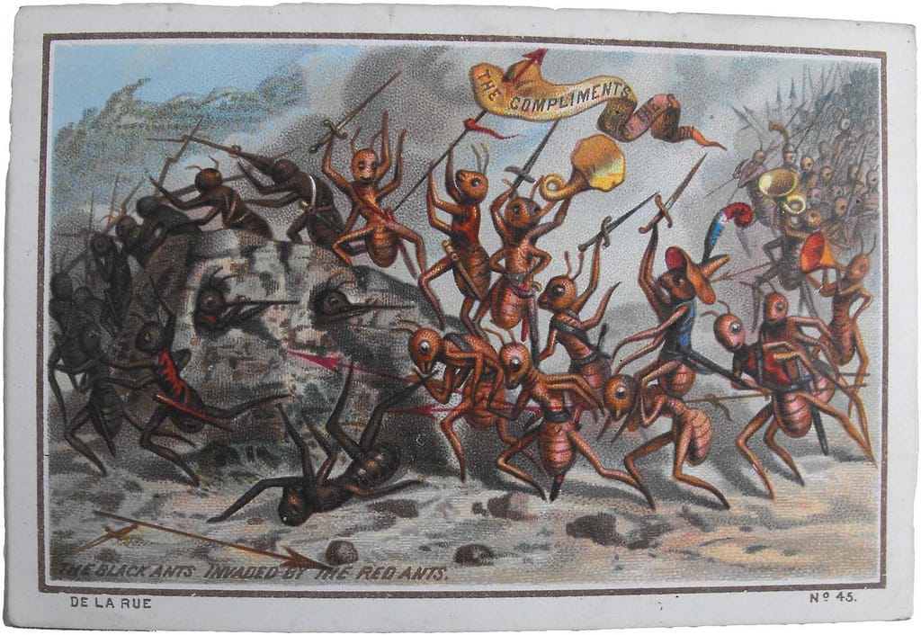 The red ants have a flag that reads: "The compliments of the season" (via University of Glasgow Library/Flickr)