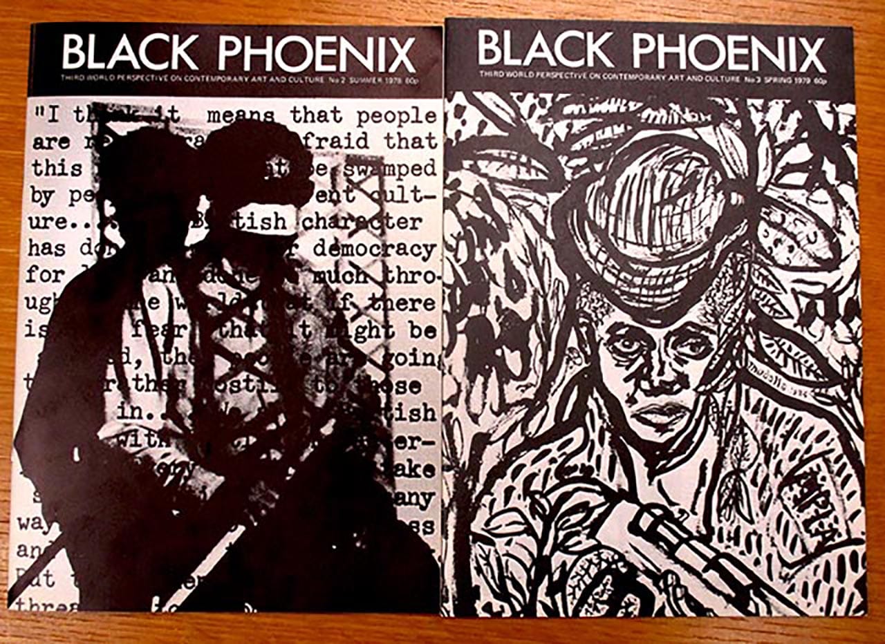 'Black Phoenix' covers (1978–79). The issue on the left shows Rasheed Araeen performing "Paki Bastard" (1977). (photo by the author for Hyperallergic)