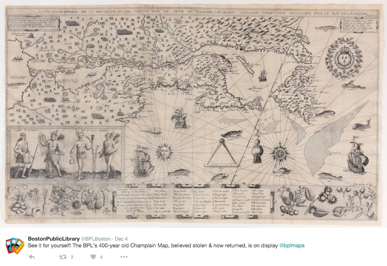 The Boston Public Library's recently returned "Geographic Map of New France" (1612) (screenshot by the author via @BPLBoston/Twitter)