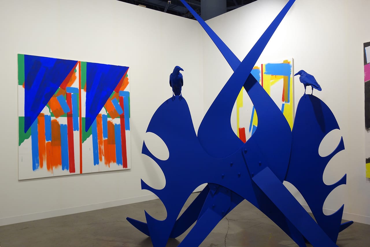 Installation view of art sculpture by Nathan Mabry and painting by Bernard Piffaretti with Cherry and Martin