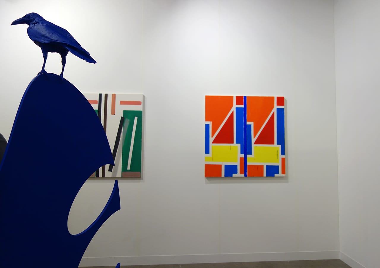 Installation view of art sculpture by Nathan Mabry and painting by Bernard Piffaretti with Cherry and Martin