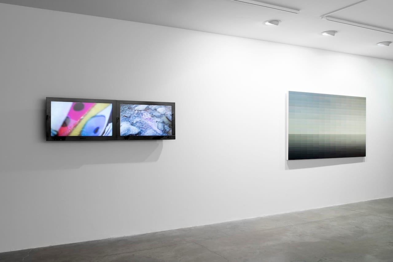 Left: Eda Gecikmez, "Untitled" (2015), 2-channel video, 3+1 edition, 3'40'' / 1'46'' loop Right: Yağız Özgen, "Landscape (392 colors)" (2015), acrylic on canvas, 112x196cm