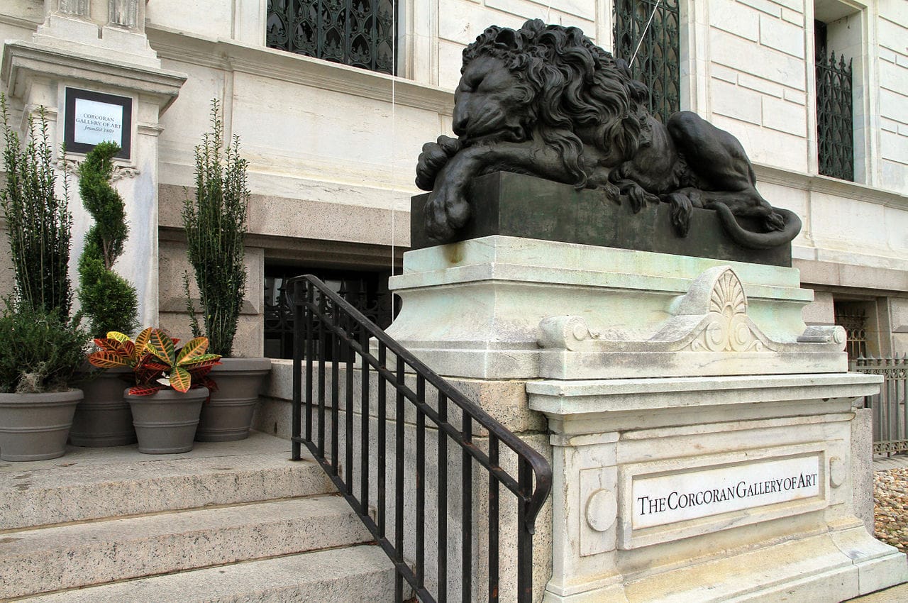 One of the lions at the entrance to the old Corcoran Gallery and School building (photo by Ingfbruno/Wikimedia Commons)