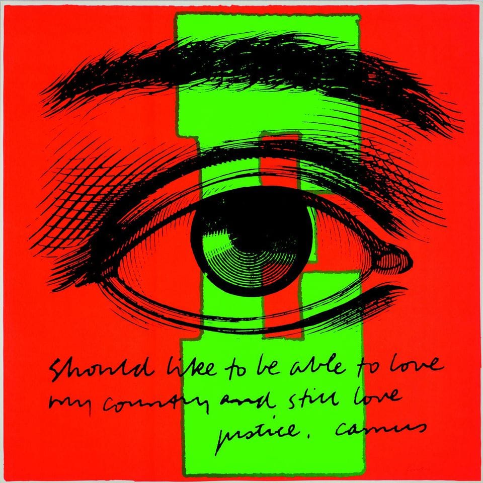 Corita Kent, "E eye love" (1968), Silkscreen print on paper, 23 x 23 inches. (Collection: Corita Art Center, Immaculate Heart Community, Los Angeles, CA. Photograph by Arthur Evans, courtesy of the Tang Museum at Skidmore College.)