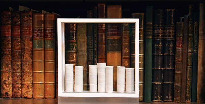 Detail of Edmund de Waal's 'white' installation in the Royal Academy Library and Print Room (screenshot via Vimeo)