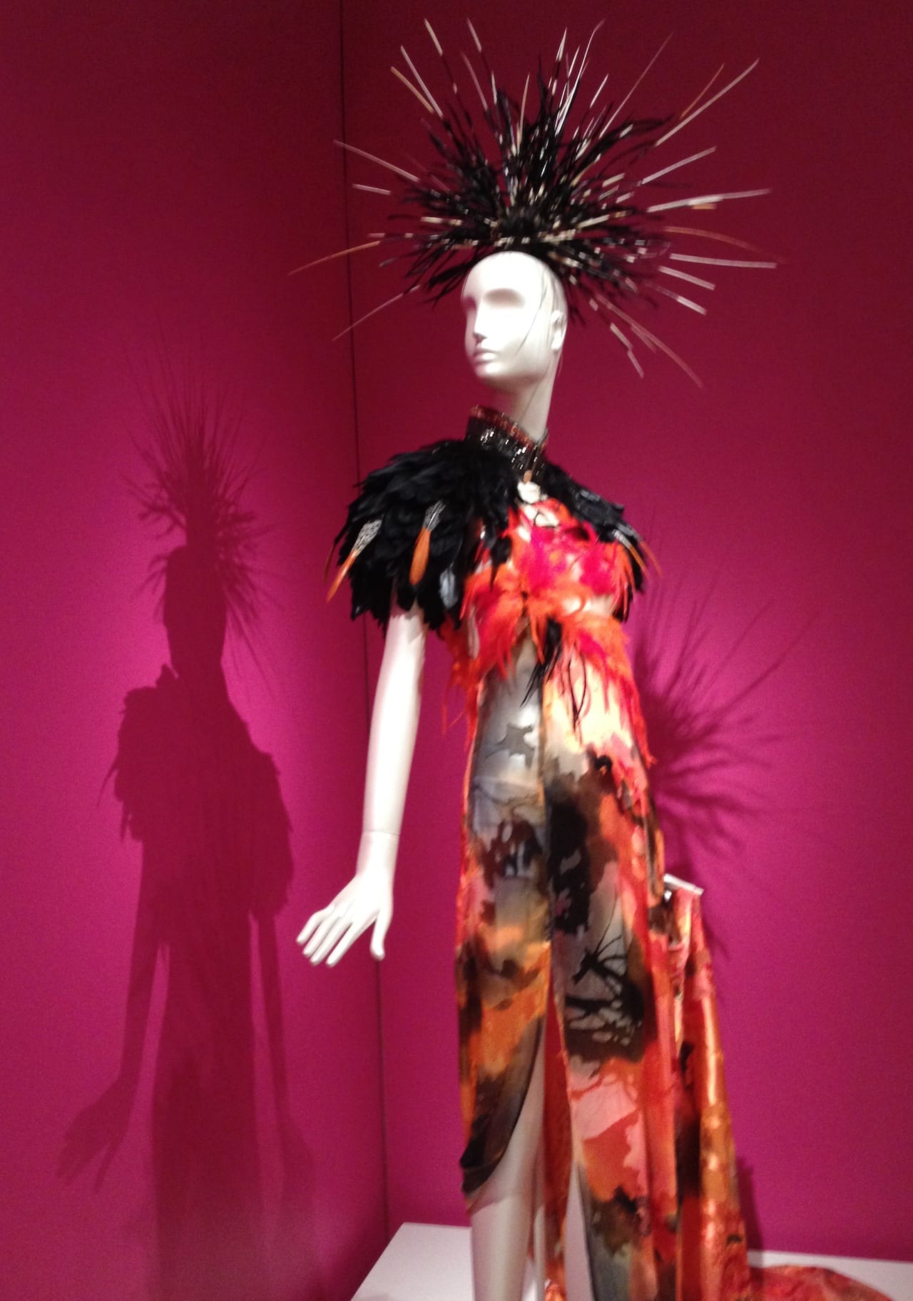 Dramatic looks open the exhibit, including this cape and dress by Orlando Dugi (all photos by the author for Hyperallergic unless noted) 