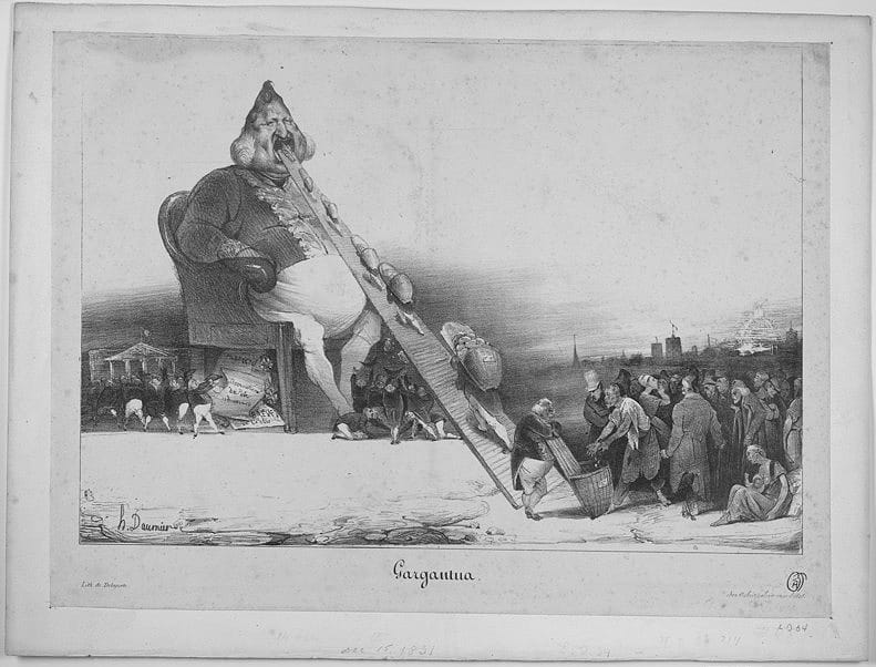 Honoré Daumier, "Gargantua" (1831). The print shows Louis-Philippe consuming coins taken from the poor. (courtesy Benjamin A. and Julia M. Trustman Collection of Honoré Daumier Lithographs Robert D. Farber University Archives & Special Collections Department Brandeis University)