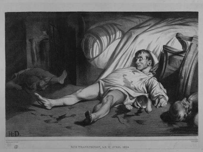 Honoré Daumier, "Rue Transnonain, le 15 Avril 1834" (1834). The illustration shows the National Guard massacre on the Rue Transnonain on April 14, 1834, in which women, children, and the elderly were among the victims in this suppression of the silk weaver workers revolt in Lyon. (courtesy Benjamin A. and Julia M. Trustman Collection of Honoré Daumier Lithographs Robert D. Farber University Archives & Special Collections Department Brandeis University)