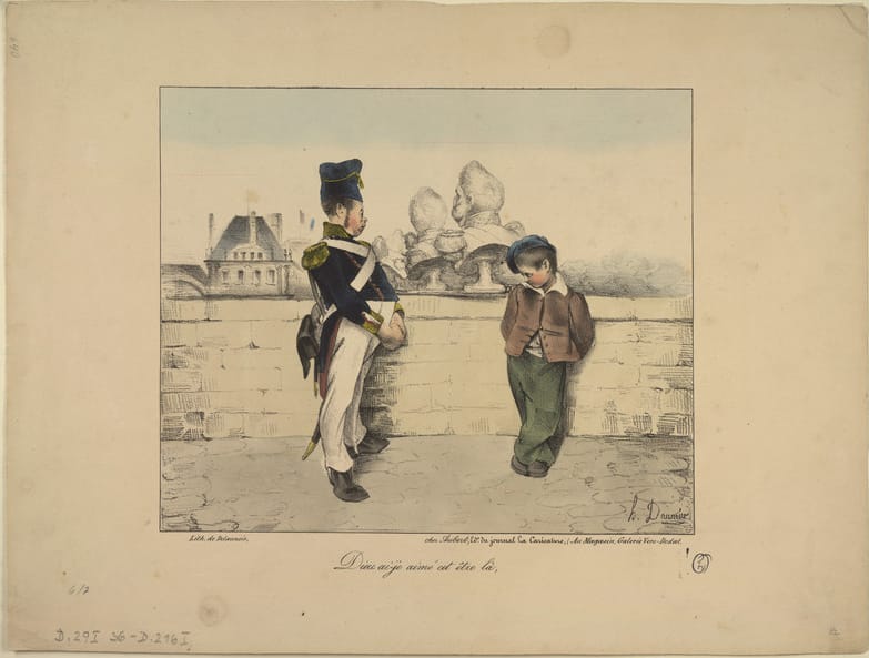 Honoré Daumier, "Dieu ai-je aimé cet être-là" (1831). The print has a former National Guard member with a young street vendor selling the cast-off sculpture of his former failed leader Louis-Philippe. (courtesy Benjamin A. and Julia M. Trustman Collection of Honoré Daumier Lithographs Robert D. Farber University Archives & Special Collections Department Brandeis University)