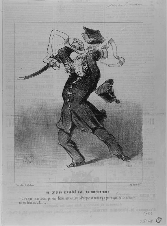 Honoré Daumier, "Un Citoyen Exaspéré par les Buffleteries" (1848). The print is believed to show Daumier himself, representing the "citizen soldiers" disarmed in the National Guard after the King went into exile in England. (courtesy Benjamin A. and Julia M. Trustman Collection of Honoré Daumier Lithographs Robert D. Farber University Archives & Special Collections Department Brandeis University)