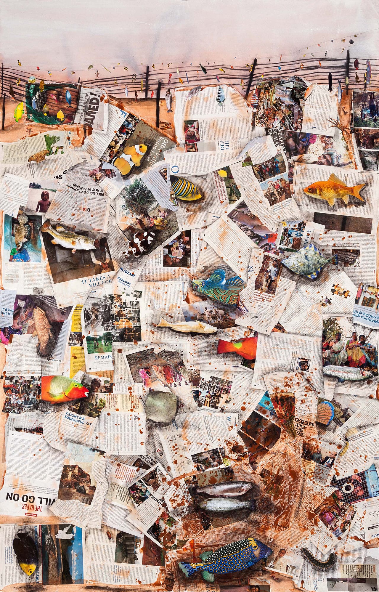 Hema Upadhyay, "Fish in a dead landscape" (2014), acrylic, gouache, poster color, dry pastels, charcoal, photographs, and copyright free images on paper, 72 x 48 in (photo by Anil Rane, image courtesy Chemould Prescott Road and the artist) (click to enlarge)