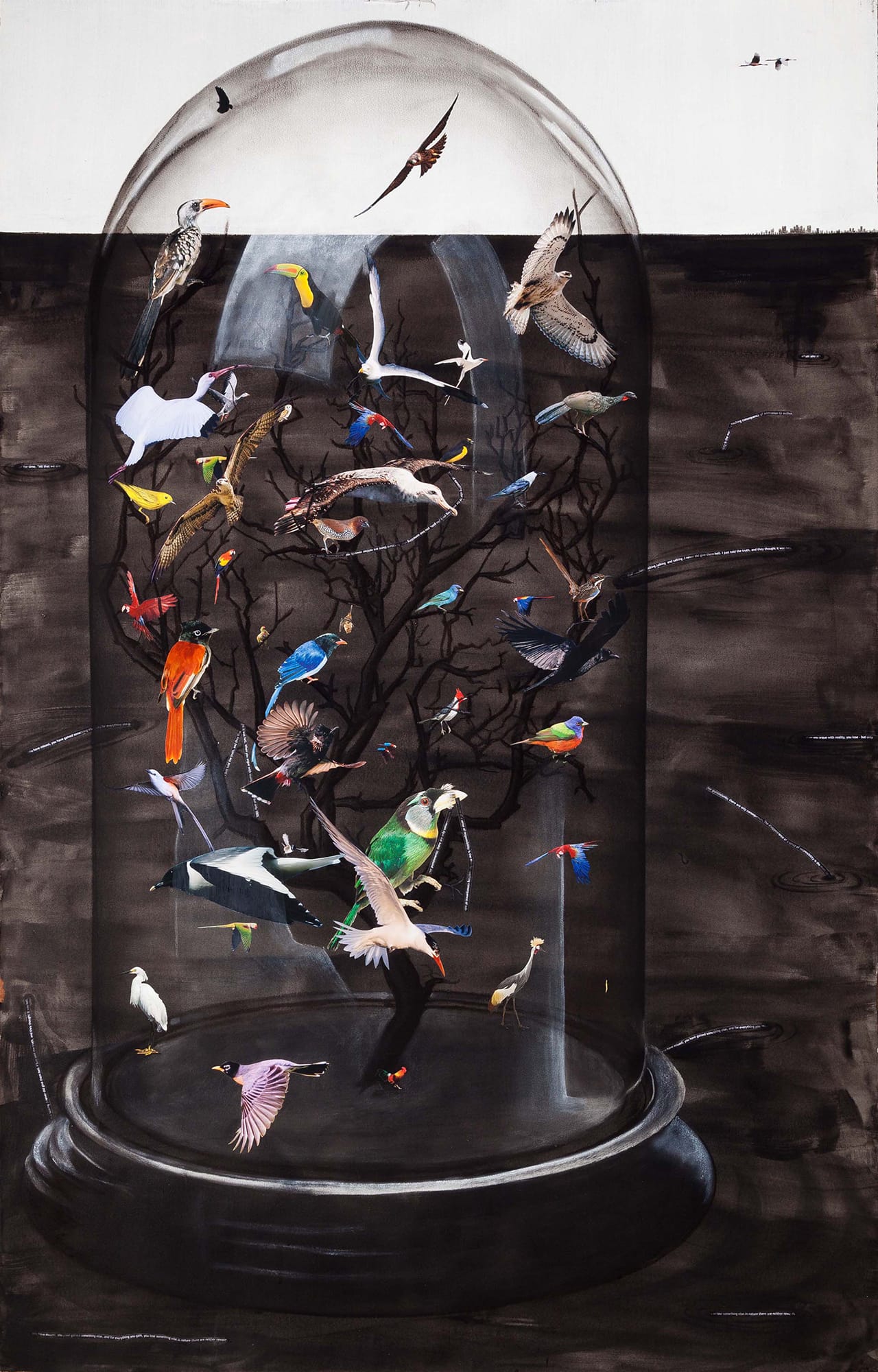 Hema Upadhyay, "Fish in a dead landscape" (2014), acrylic, gouache, poster color, dry pastels, charcoal, photographs, and copyright free images on paper, 72 x 48 in (photo by Anil Rane, image courtesy Chemould Prescott Road and the artist) (click to enlarge)